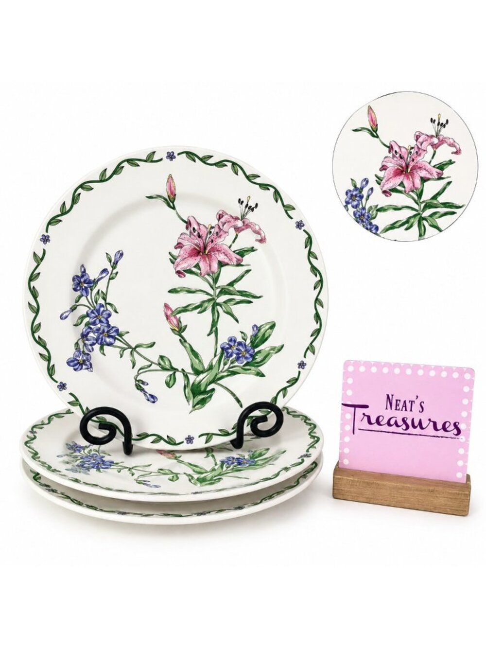 International Tableworks TERRACE BLOSSOMS Floral Stoneware Dinner Plates Set 3